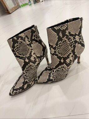 Katherine Kelly Leather Snake Print Pointed Toe Heeled Booties